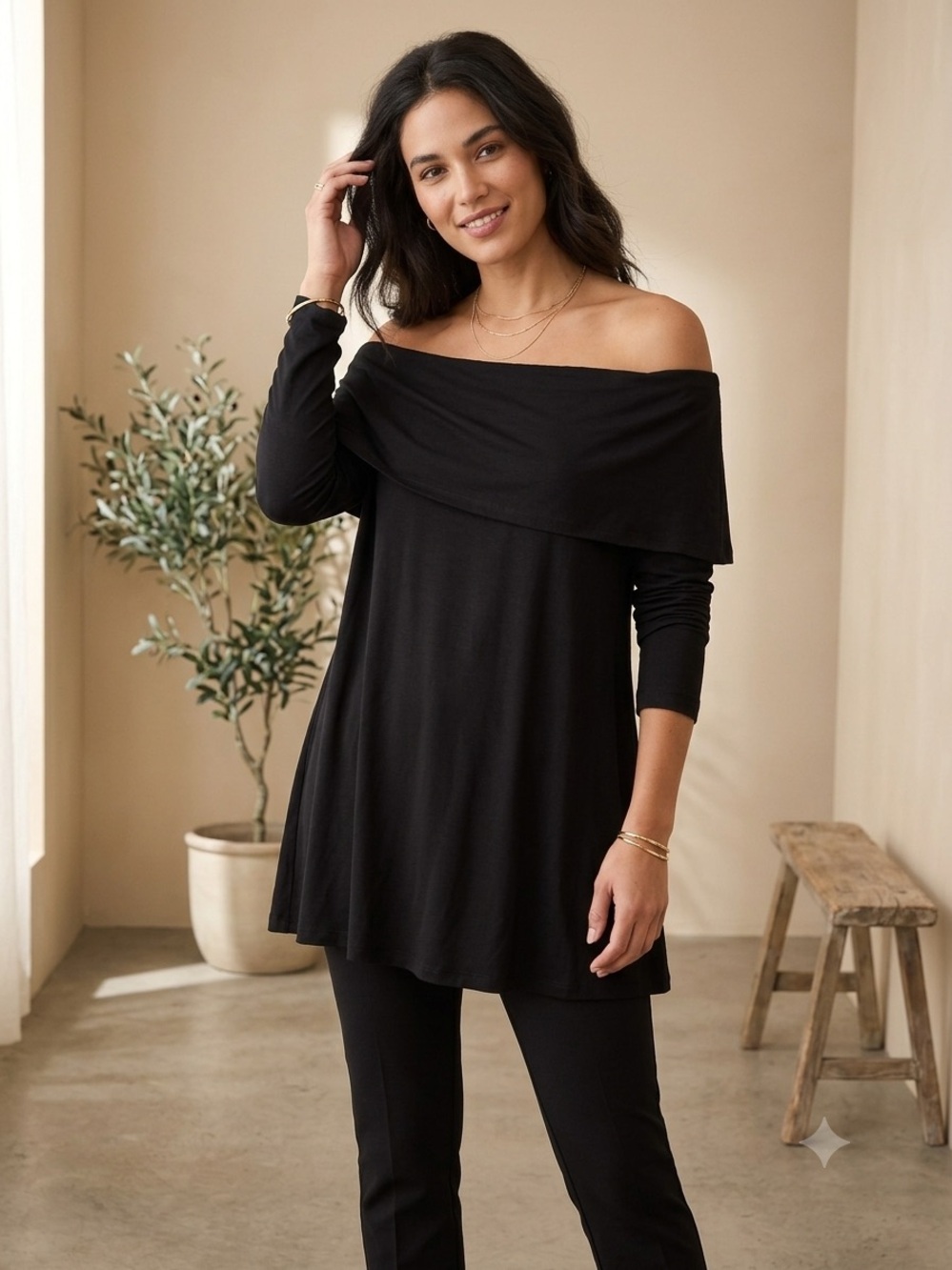 Nally & Millie Off-the-Shoulder Long Sleeve Swing Tunic - Black